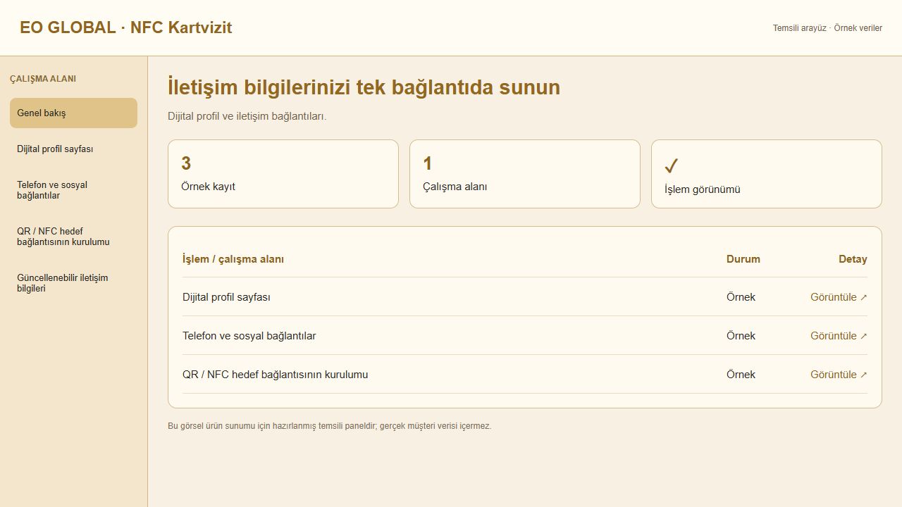 NFC Kartvizit için temsili panel görünümü