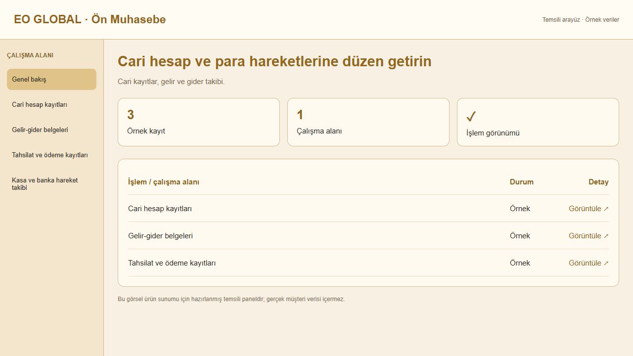 Ön Muhasebe için temsili panel görünümü