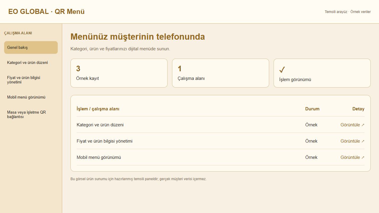 QR Menü için temsili panel görünümü
