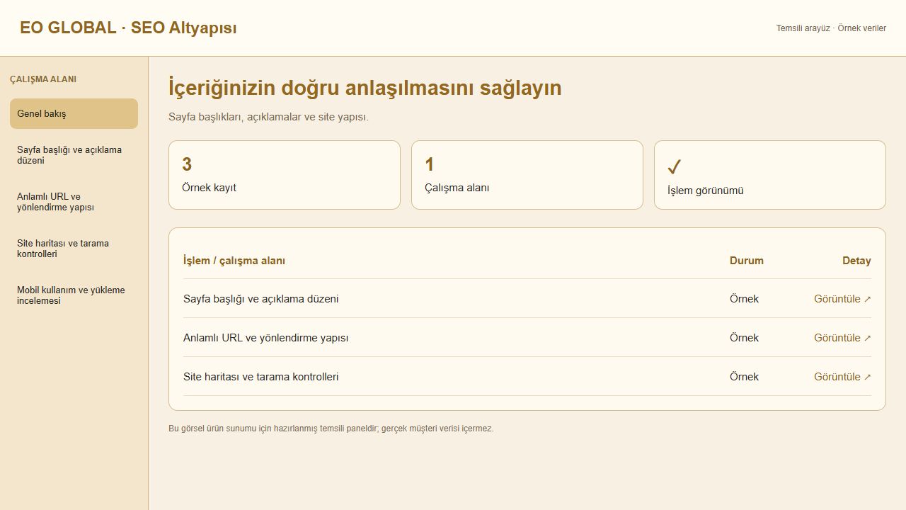 SEO Altyapısı için temsili panel görünümü
