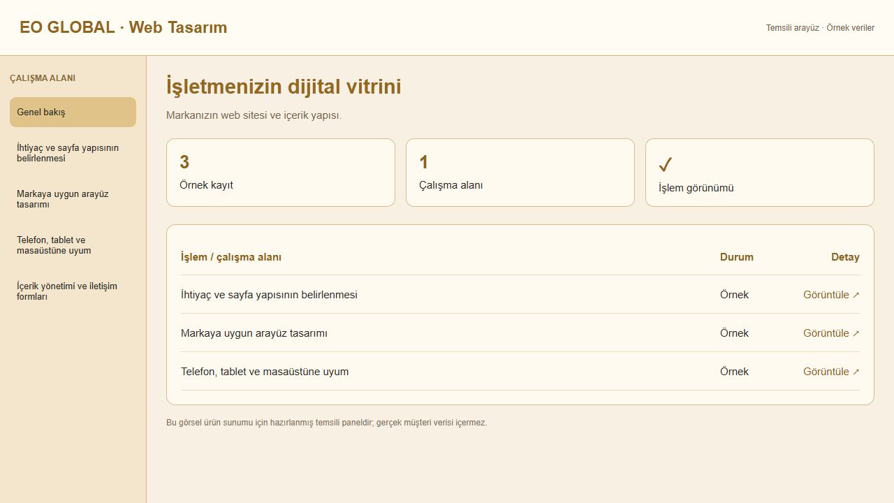 Web Tasarım için temsili panel görünümü